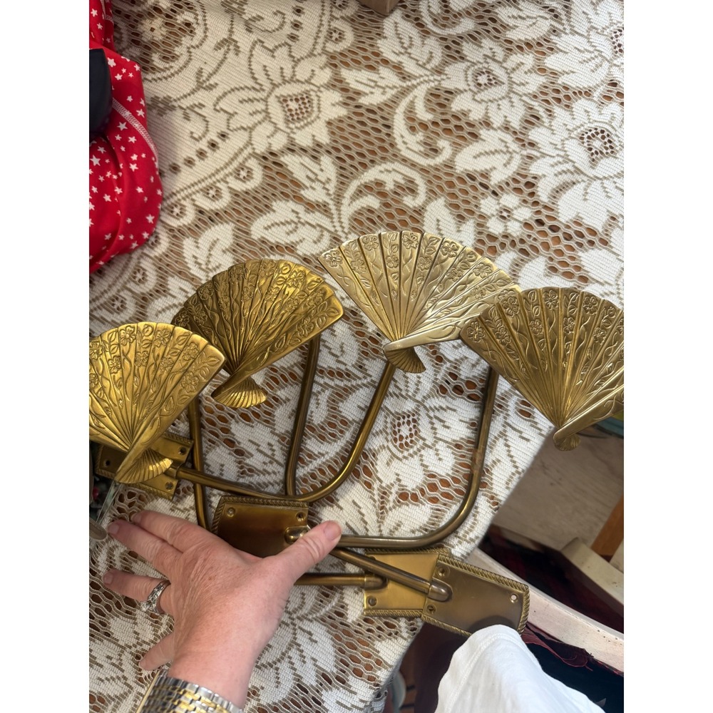Vintage Brass Fan Wall Hooks Set of 4 Floral Chinoiserie curtain tie backs